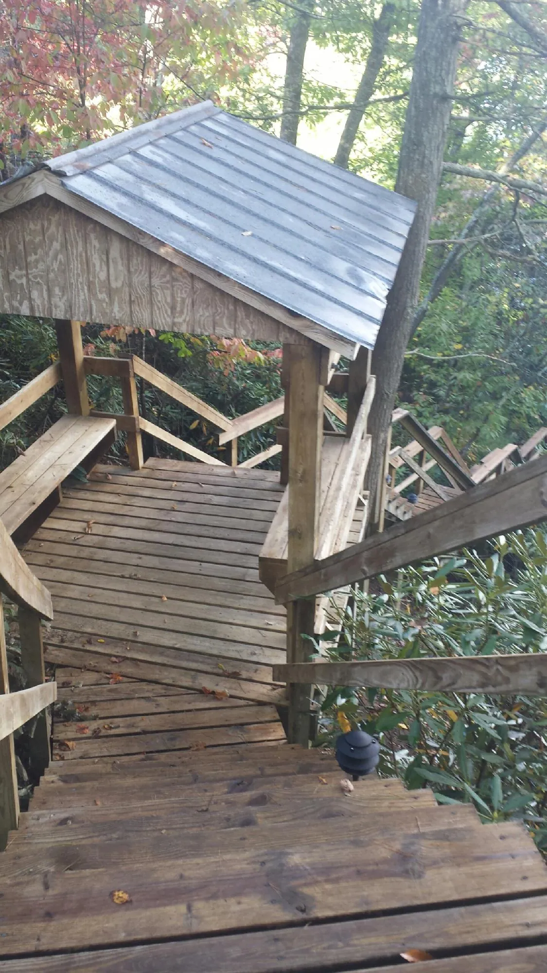 Metal roofed shelter over wooden steps on a wooded walkway — Skylight Repair & Installation work by our crew in Southlake